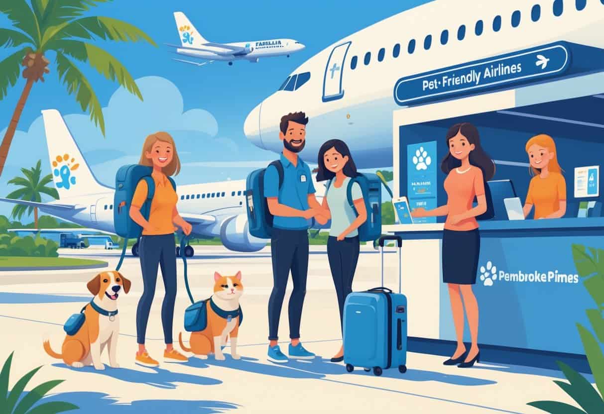 A family with pets at an airport check-in counter with airplanes and palm trees in the background.