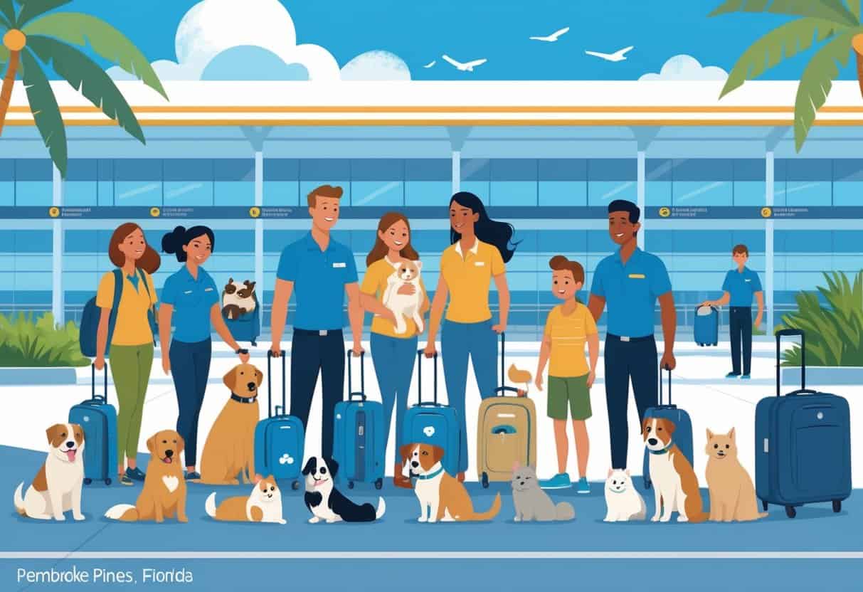 Travelers with pets at an airport terminal near Pembroke Pines, Florida, being assisted by airline staff in a sunny, palm tree-lined setting.