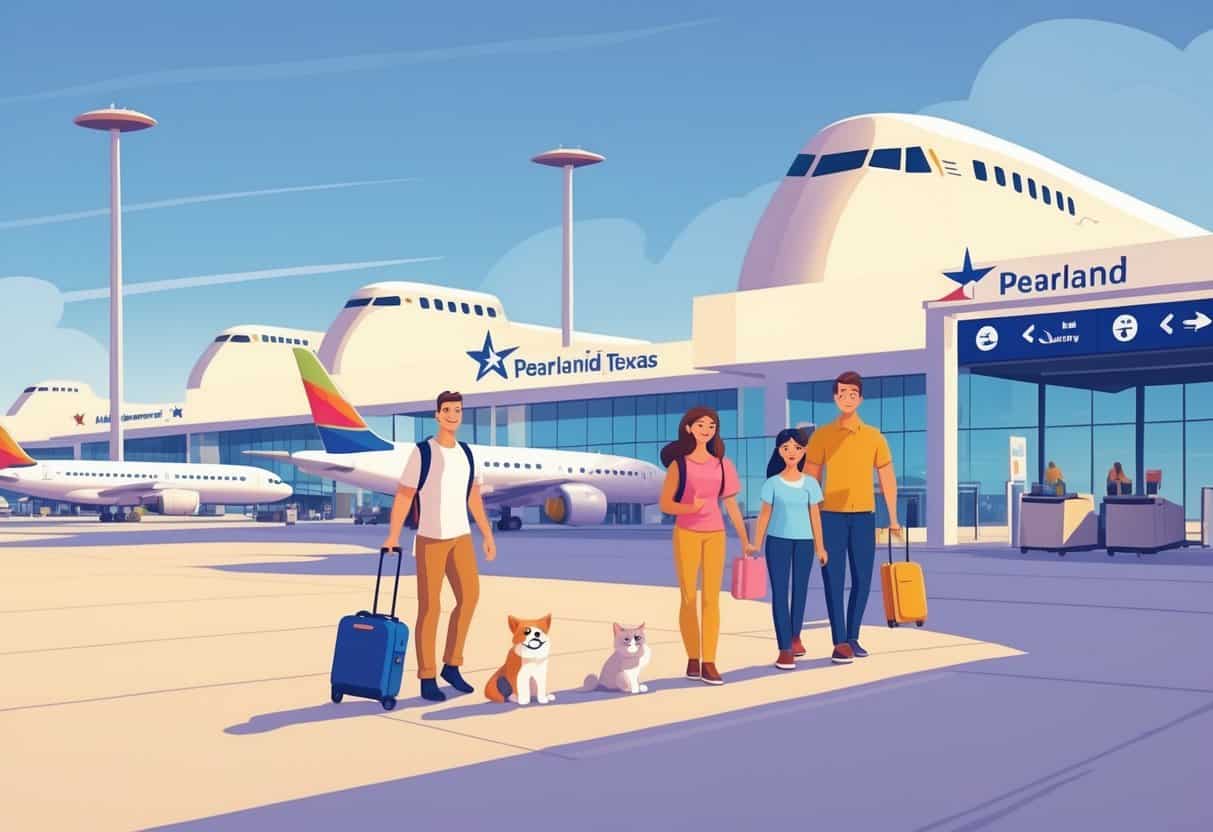 A family with pets at an airport in Pearland, Texas, preparing to travel with airplanes in the background.