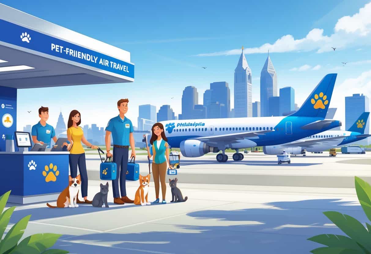 A family with pets at an airport in Philadelphia, with airline staff assisting and airplanes in the background near the city skyline.