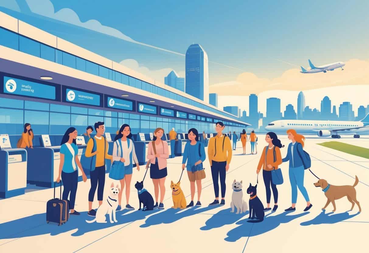 Travelers with pets at an airport in Philadelphia, with planes and the city skyline in the background.