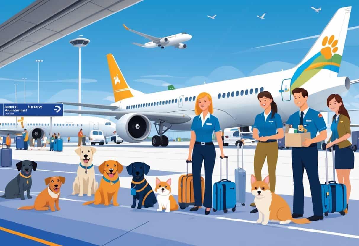 Airport scene showing pets in carriers with airline staff helping pet owners near airplanes at Peoria International Airport.