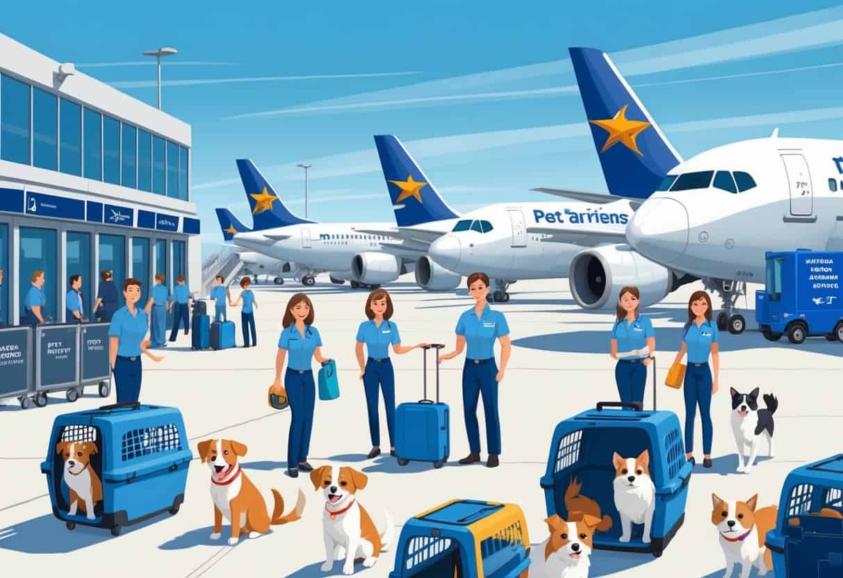 Airport scene in Plano, Texas showing pets in carriers with owners and airline staff preparing for pet travel near airplanes.