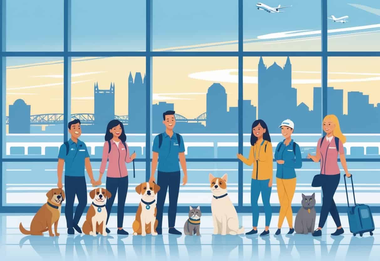 Pet owners with dogs, cats, and a bird at an airport terminal with airplanes and the Pittsburgh city skyline in the background.
