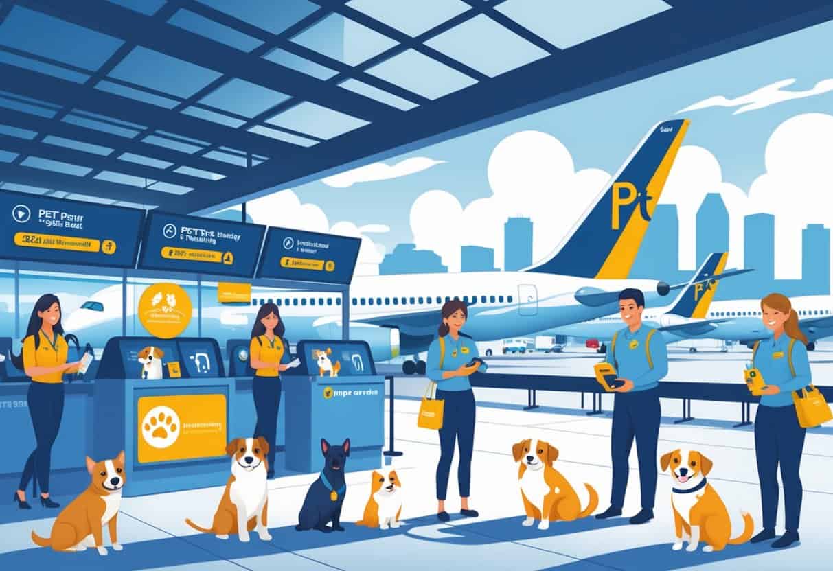 Airport scene at Pittsburgh International Airport showing passengers with pets being assisted by airline staff near planes preparing for departure.