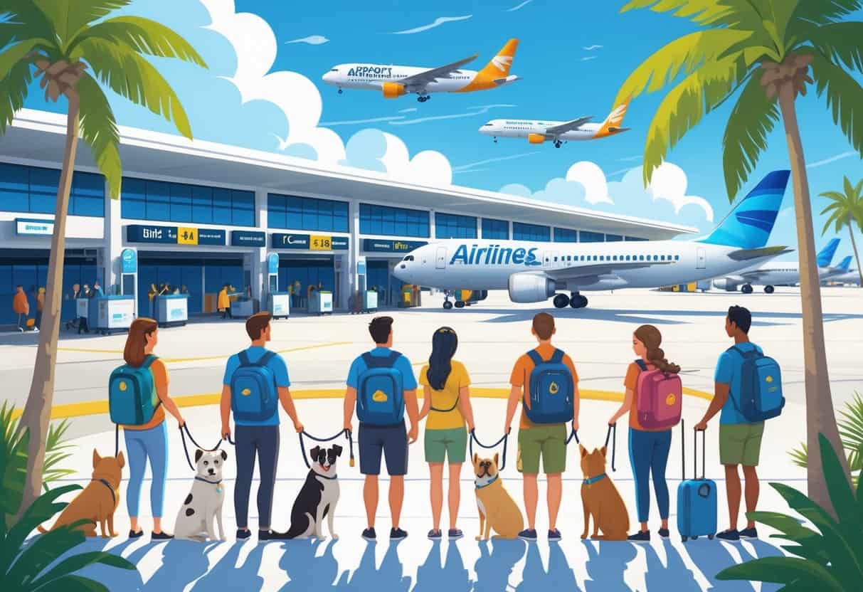Travelers with pets preparing to board airplanes at a sunny airport in Pompano Beach, Florida.
