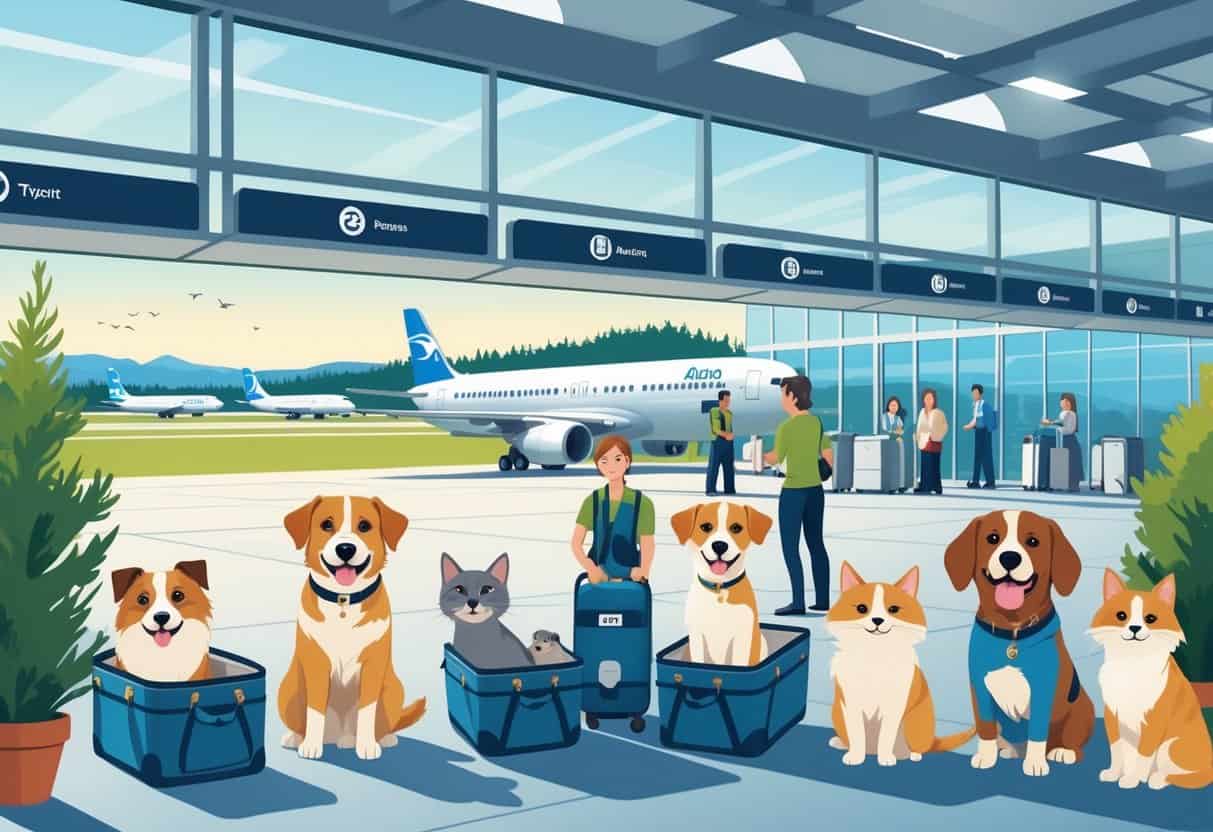 An airport scene near Portland, Oregon, showing pets in carriers with airplanes and Mount Hood visible in the background.