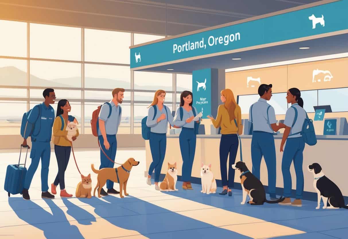 Travelers at an airport in Portland, Oregon, happily preparing to travel with their pets, assisted by airline staff at a pet check-in counter.