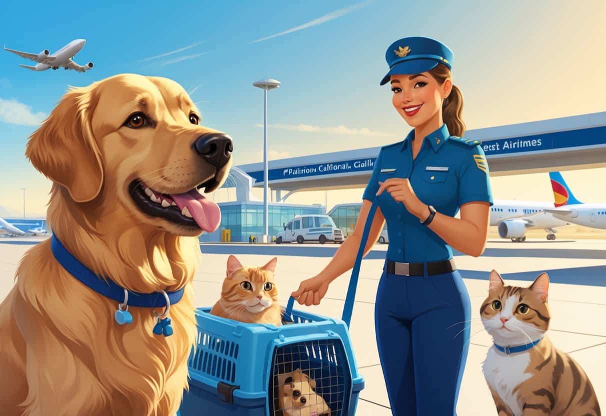 A scene at Palmdale airport showing pets with their owners and airline staff preparing for a flight.