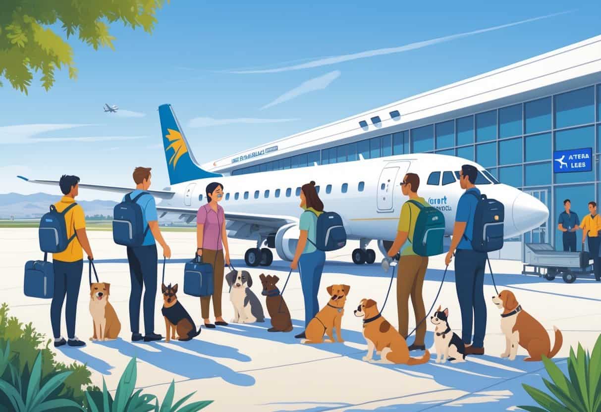 Travelers with pets preparing to board an airplane at Palmdale airport, with airline staff assisting and a sunny sky overhead.