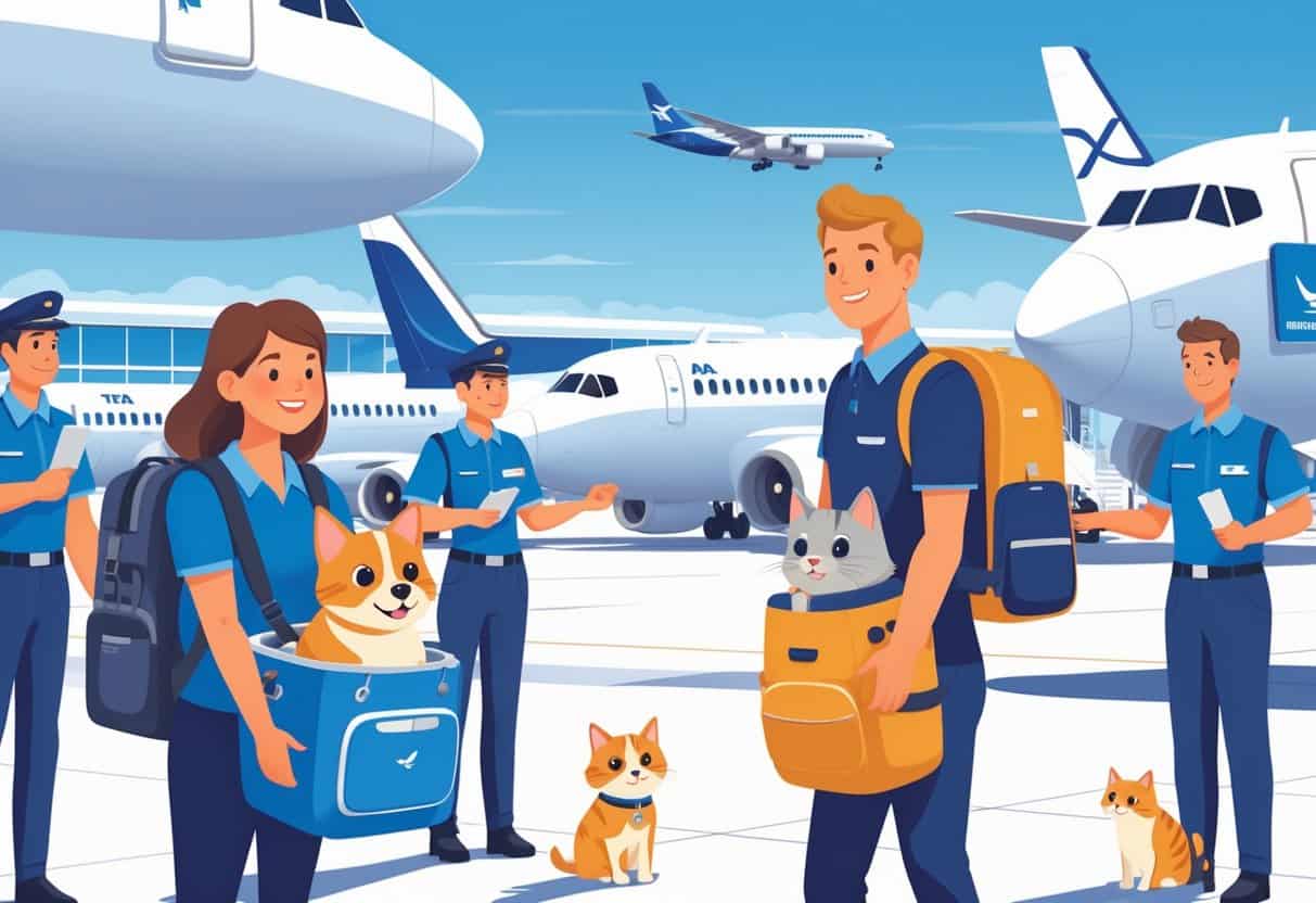 A family with a dog and a cat at an airport being assisted by airline staff near airplanes on the runway.