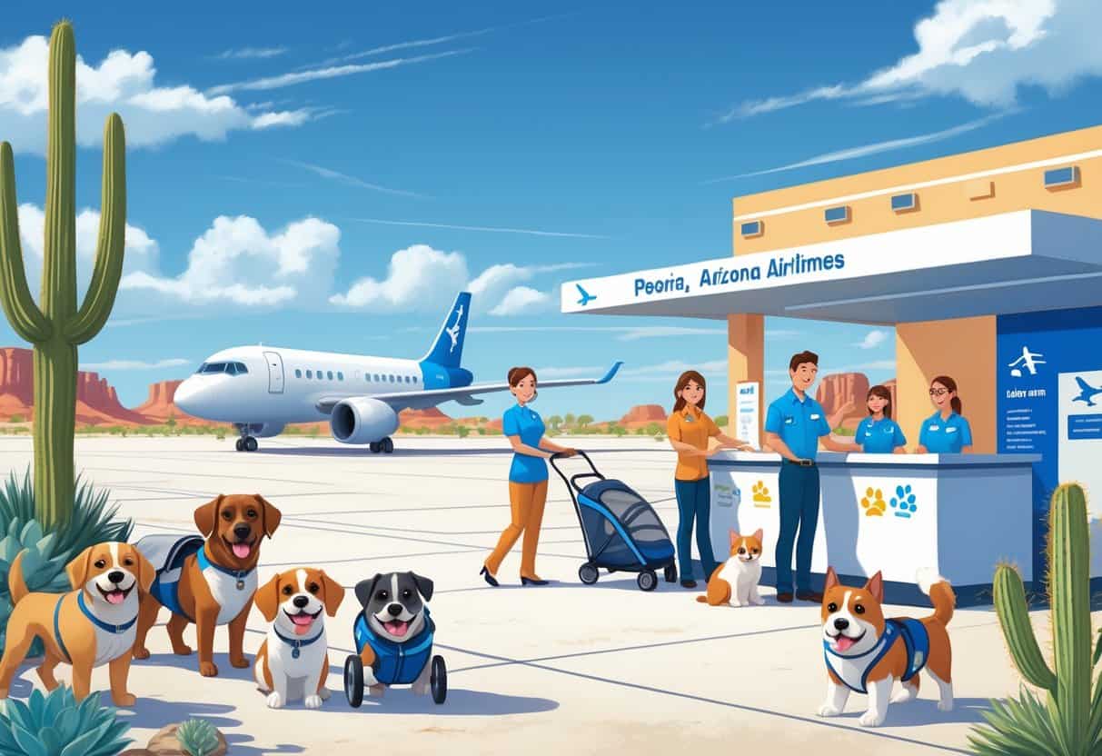 An airport scene in Peoria, Arizona showing happy pets with their owners and airline staff near an airplane designed for pet travel, with desert plants in the background.