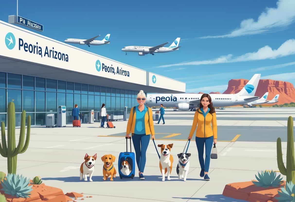 Airport scene in Peoria, Arizona with happy pets and airplanes, showing pets traveling comfortably by air.