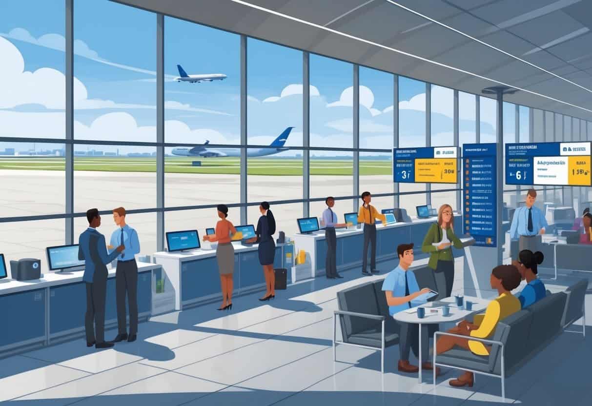 An airport terminal with passengers receiving help from airline staff near flight information boards showing cancelled flights, with a view of airplanes outside and a city skyline in the distance.