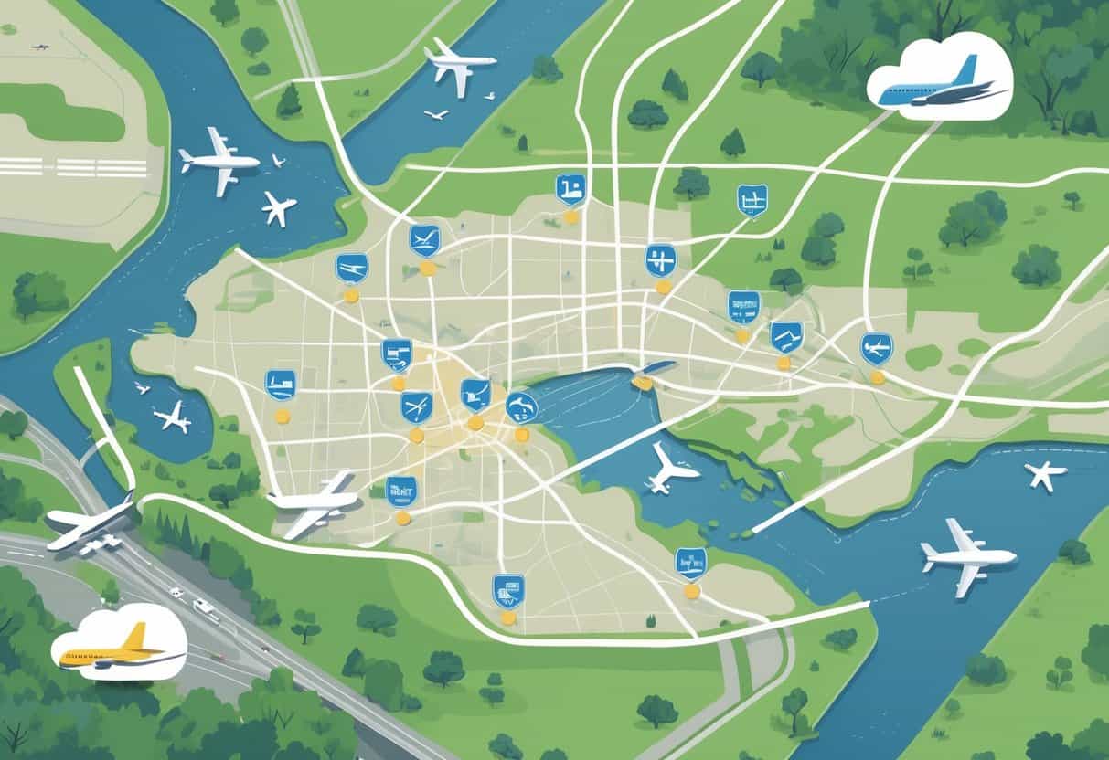 Map of Alexandria, Virginia, showing nearby airports with icons of airplanes and terminals around the city.