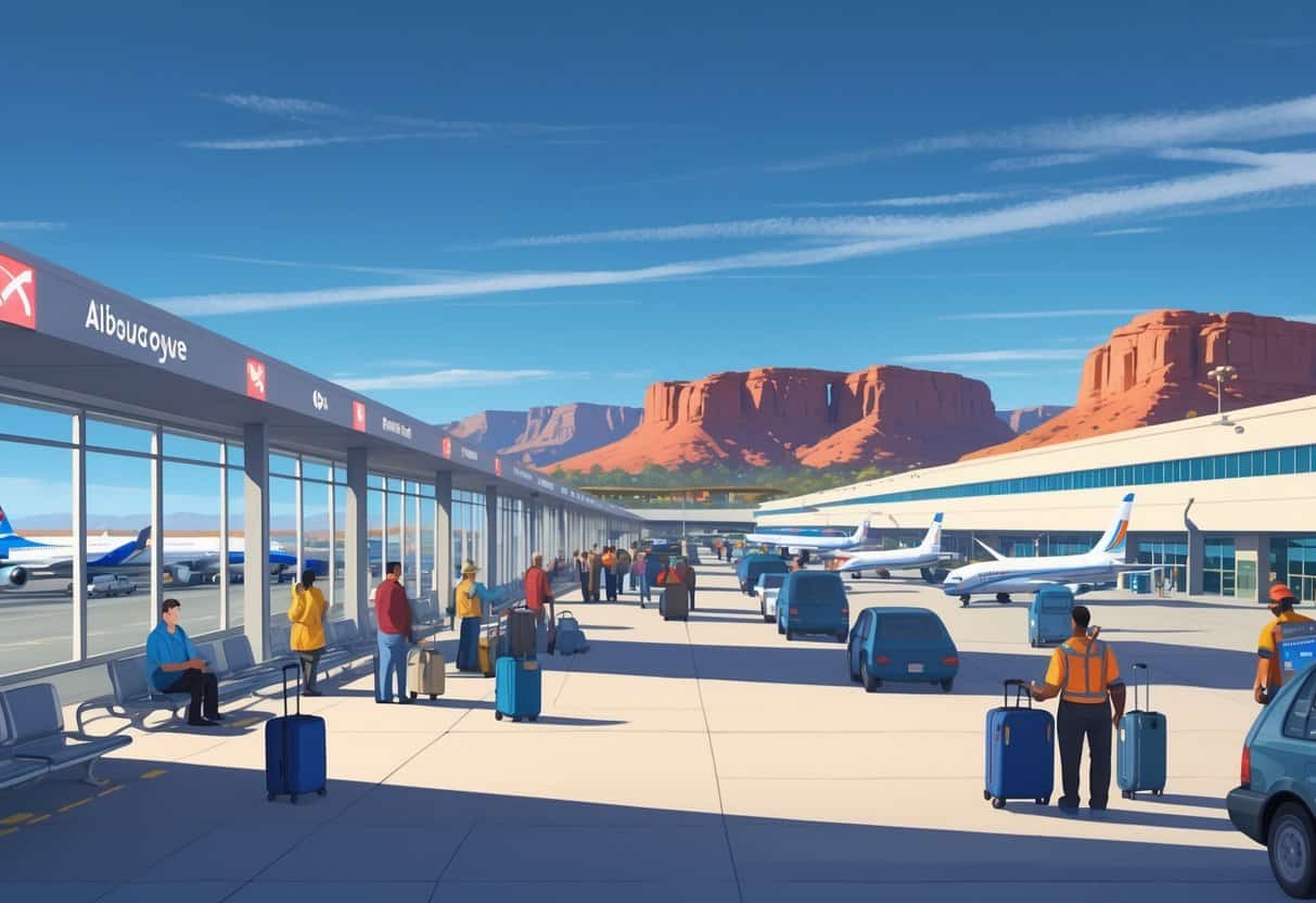 An airport terminal in Albuquerque with travelers waiting calmly, airplanes at gates, and the Sandia Mountains visible in the background.