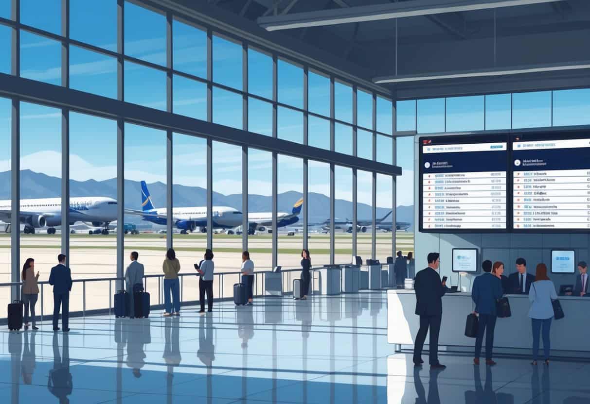 Airport terminal near Albuquerque with airplanes on the tarmac, passengers waiting inside, and mountains visible in the background.