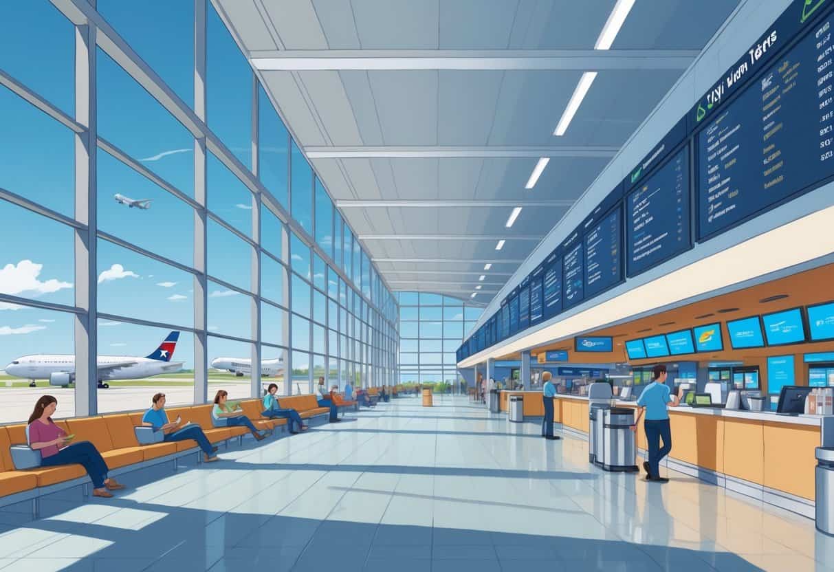 An airport terminal with travelers sitting in comfortable seats, airport staff assisting passengers, airplanes visible outside through large windows, and various amenities like coffee shops and play areas.