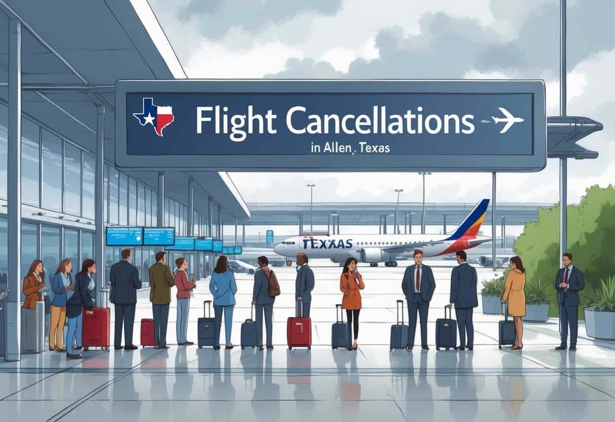 Travelers waiting with luggage at an airport terminal in Allen, Texas, with grounded airplanes visible on the runway under overcast skies.