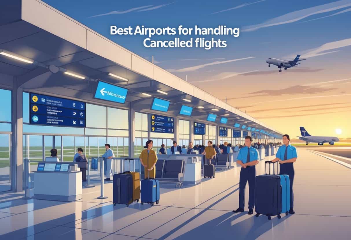 Airport terminal in Amarillo, Texas with travelers, staff assisting passengers, seating areas, digital flight boards showing delays, and airplanes on the runway under a wide sky.