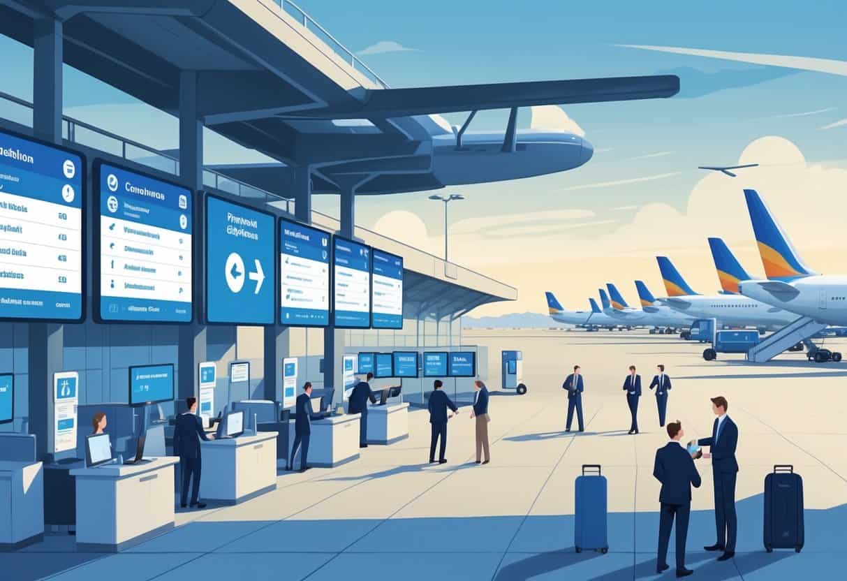 An airport terminal near Amarillo, Texas, with staff assisting passengers during flight cancellations and airplanes parked at gates outside.