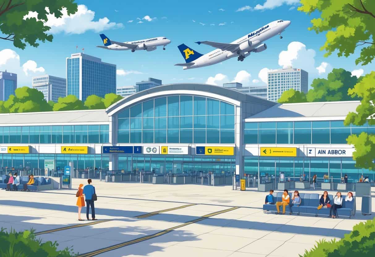 An airport terminal in Ann Arbor with airplanes on the runway, travelers waiting, and staff assisting passengers, with university buildings and trees in the background.