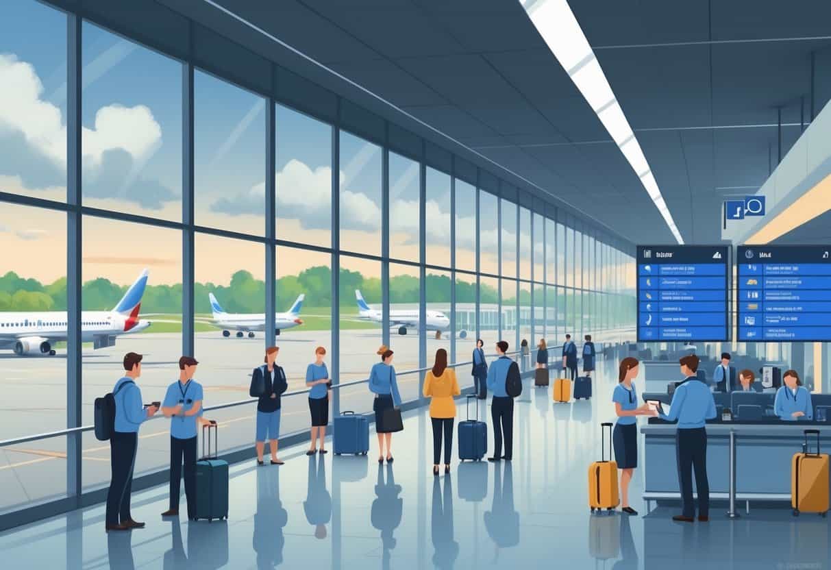 An airport terminal near Ann Arbor with passengers and staff managing cancelled flights, airplanes visible outside under a cloudy sky.