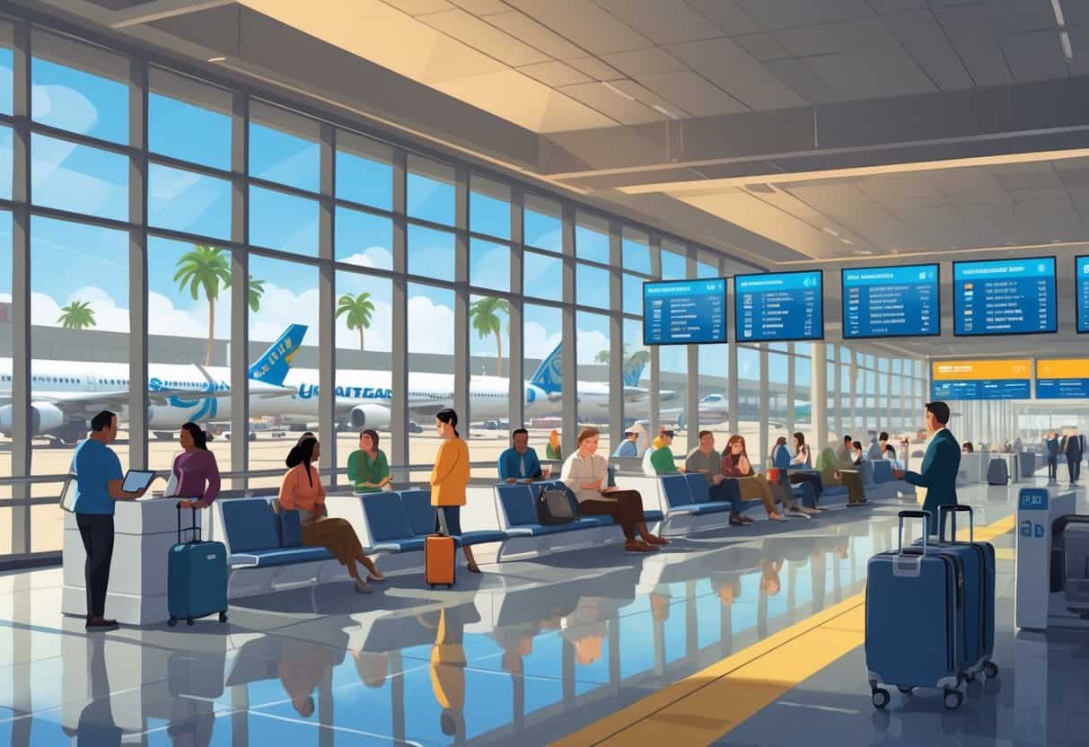 Airport terminal in Anaheim with passengers waiting calmly, airline staff assisting travelers, airplanes visible outside, and palm trees in the background.