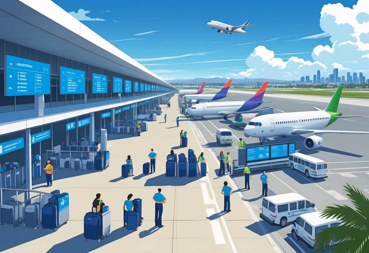 A busy airport near Anaheim with airplanes, passengers, airport staff, and a modern terminal surrounded by palm trees and a city skyline in the background.