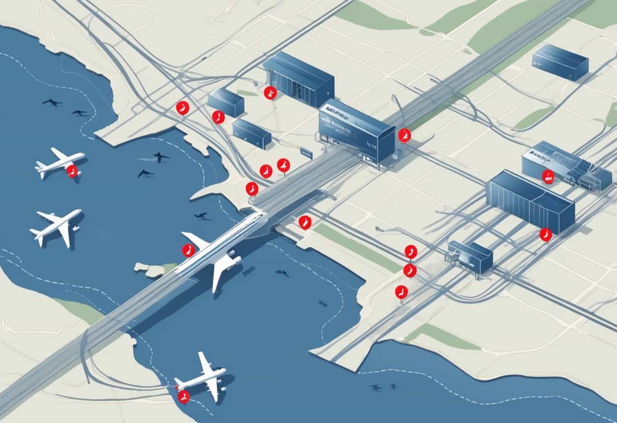 Map showing Antioch, California and nearby airports with some airports marked to indicate flight cancellations and airplanes grounded on runways.