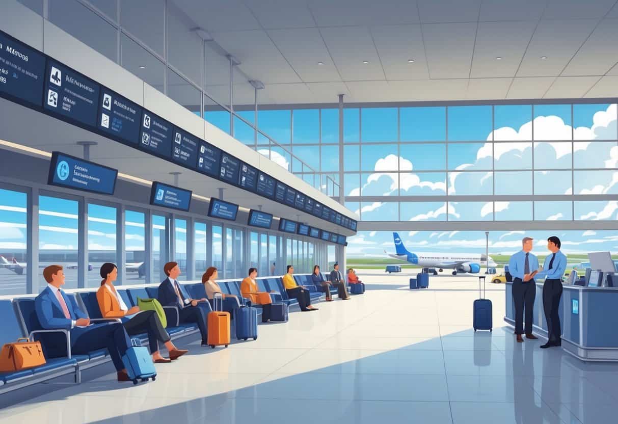 A busy airport terminal with passengers waiting calmly, airport staff assisting travelers, airplanes parked outside, and digital flight information displays visible through large windows.