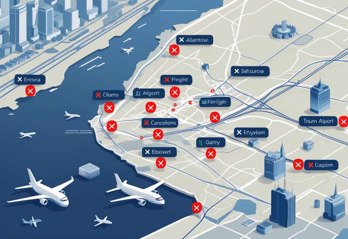 A map of Allentown, Pennsylvania showing airports with airplane icons and symbols indicating flight cancellations.