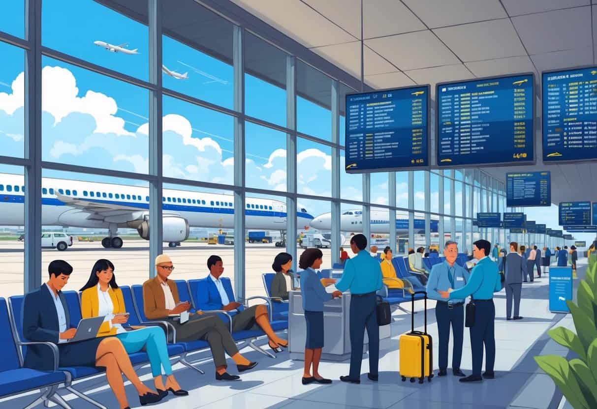 Airport terminal in Arlington, Texas with travelers waiting and airline staff assisting passengers during flight cancellations.