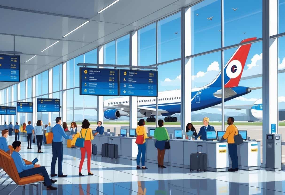 Passengers receiving assistance at an airport terminal with airplanes visible outside and staff helping travelers affected by cancelled flights.
