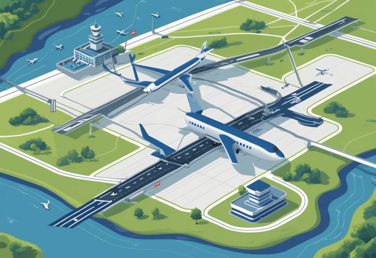 Aerial view map showing Athens, Georgia and nearby airports with airplanes and runways, illustrating travel connections around the city.
