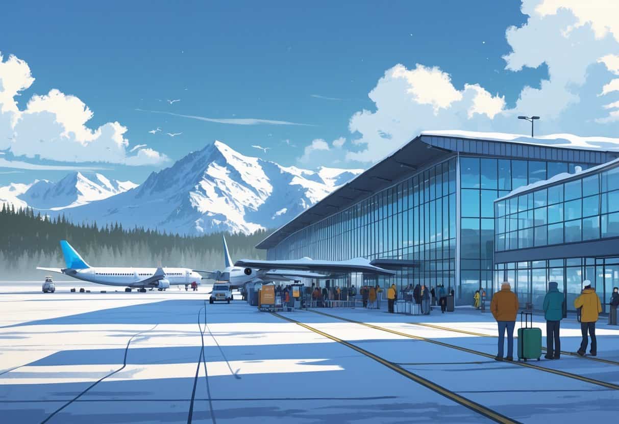 An airport terminal in Anchorage, Alaska, with airplanes on the tarmac, snow-covered mountains in the background, and passengers waiting outside in winter clothing.