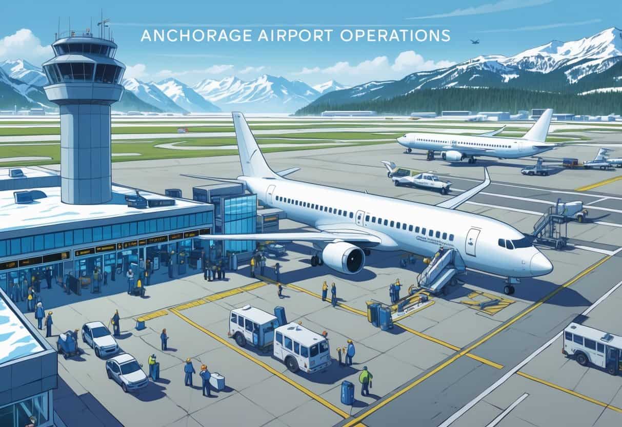 A busy Anchorage Airport terminal with passengers and staff managing flight operations, airplanes on the runway, and snowy mountains in the background.