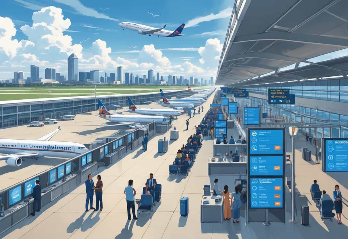A busy airport terminal with passengers waiting and airline staff assisting them, airplanes parked outside, and the Atlanta city skyline in the background.