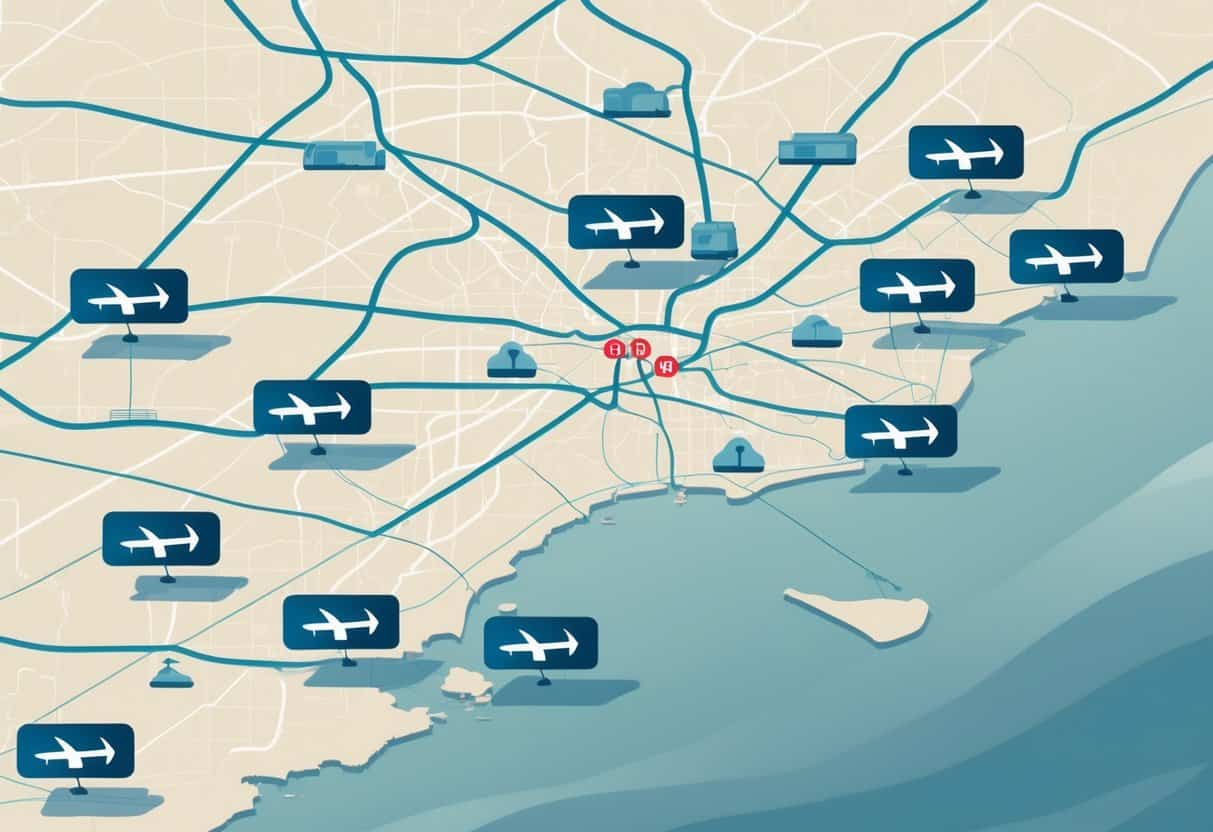 A map of the Atlanta area showing key airports marked with icons and symbols indicating cancelled flights.