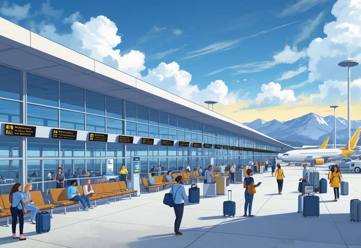 A busy airport terminal in Aurora, Colorado, with travelers waiting in a lounge, airplanes at gates outside, and mountains in the background.