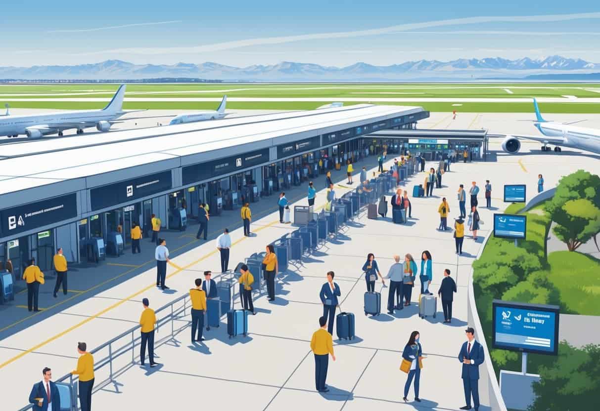 A busy airport terminal near Aurora, Colorado, with airplanes, airport staff assisting passengers, and flight information displays, set against a backdrop of mountains.