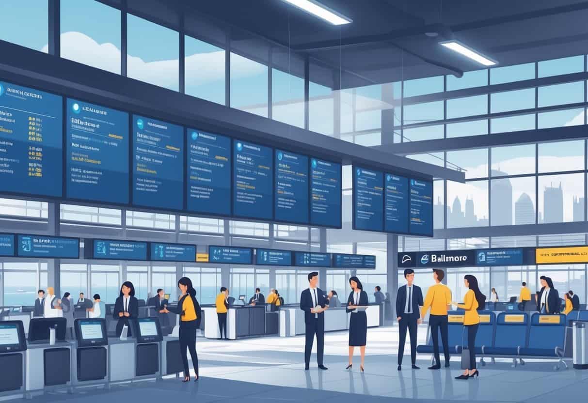 A busy airport terminal in Baltimore with passengers receiving assistance at service desks and flight information boards showing updates, with the Baltimore skyline visible in the background.
