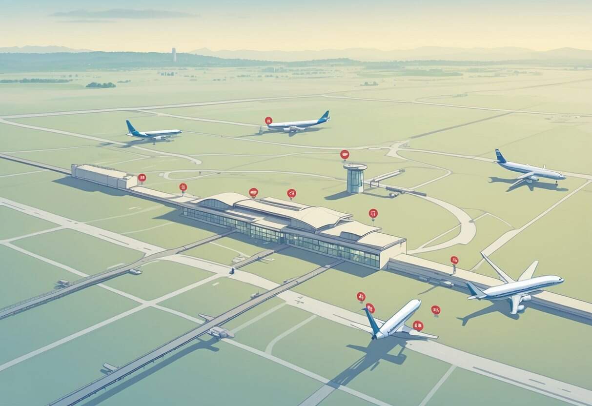 Map showing Aurora, Illinois and nearby airports with icons indicating some flight cancellations, surrounded by a landscape with roads and city outlines.