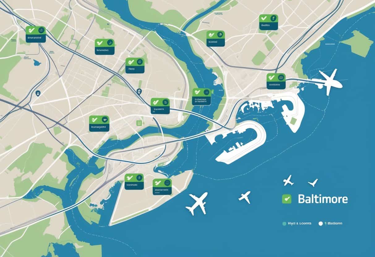 Map of Baltimore, Maryland showing major airports with icons indicating the best airports for flight cancellations.
