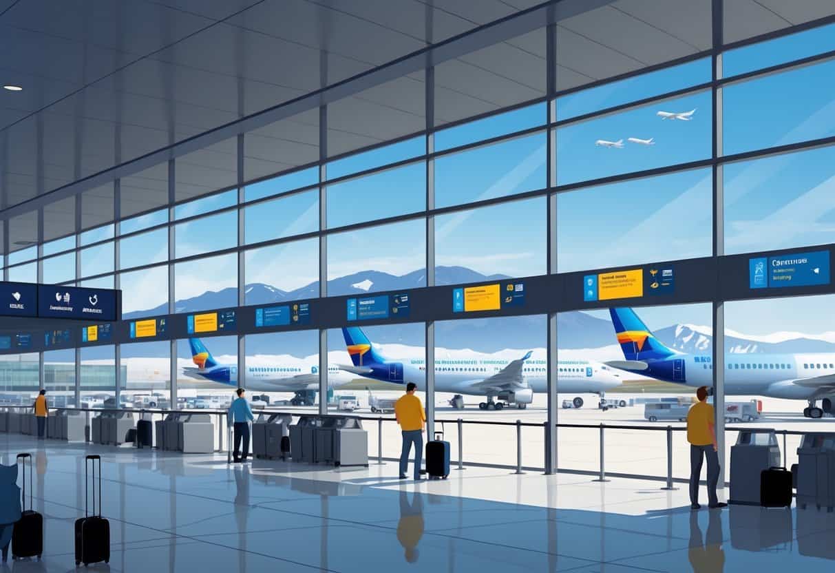 An airport terminal near mountains with passengers waiting, airplanes at gates, and staff assisting travelers.