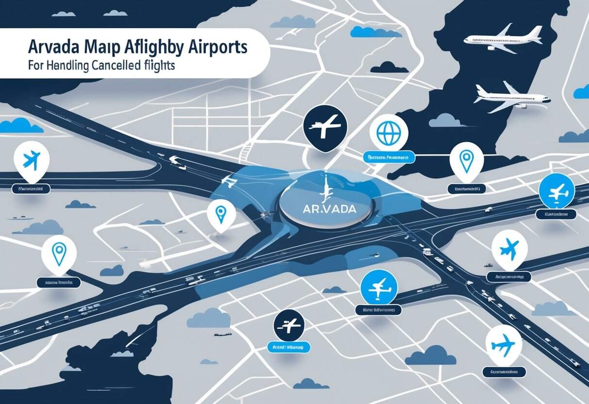 A map showing Arvada, Colorado, with nearby airports marked and airplane icons indicating flight cancellations.