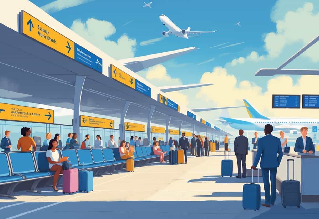 An airport terminal in Baton Rouge with travelers waiting, airport staff assisting passengers, airplanes on the tarmac, and the city skyline in the background.