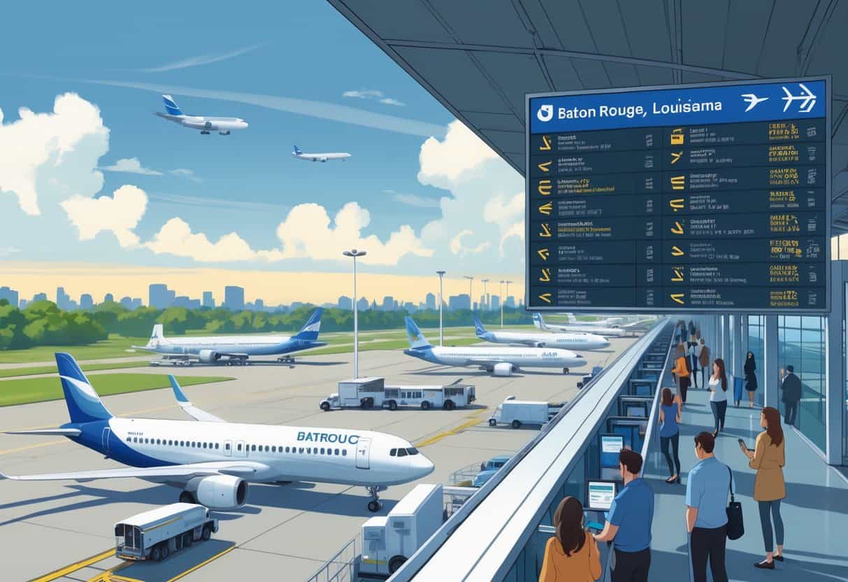 An airport scene in Baton Rouge showing airplanes on the tarmac and passengers waiting inside the terminal, with a flight information board displaying cancelled and delayed flights.