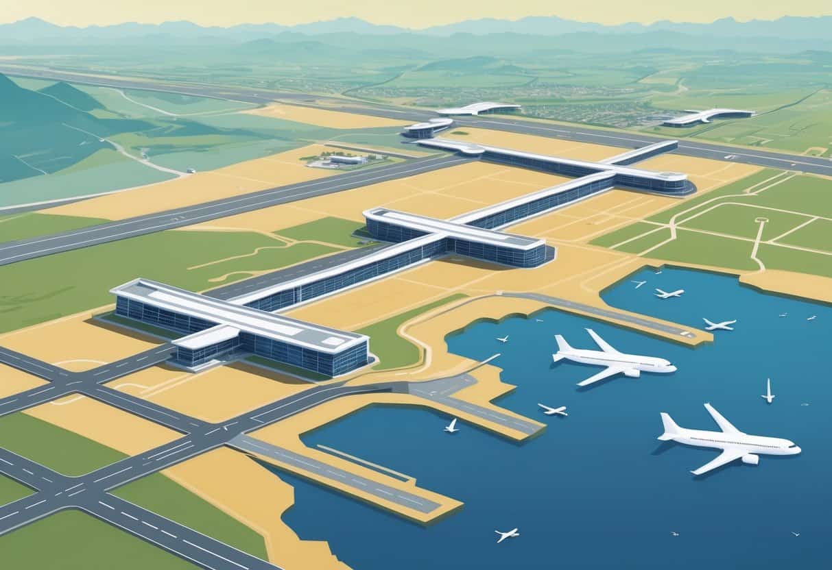 A detailed aerial map illustration showing Bakersfield and nearby airports with airplanes on runways and in flight.