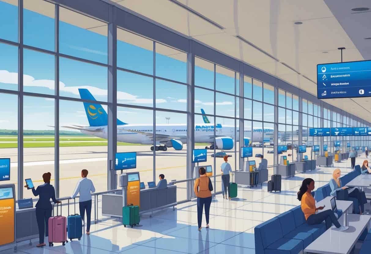 Interior of a busy airport terminal in Augusta, Georgia, showing passengers waiting calmly and staff assisting travelers near large windows with airplanes outside.